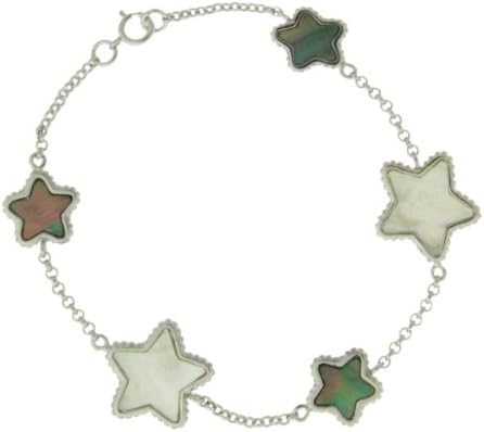 Sterling Silver 7.25" Black and White Mother of Pearl Star Bracelet