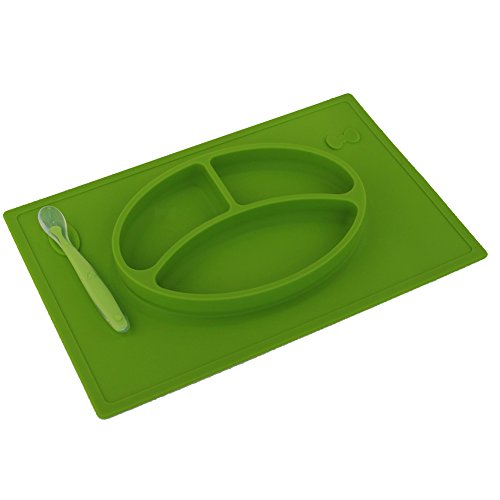 Biubee One-Piece Silicone Placemat + Plate with Spoon for Baby and Toddlers (green)