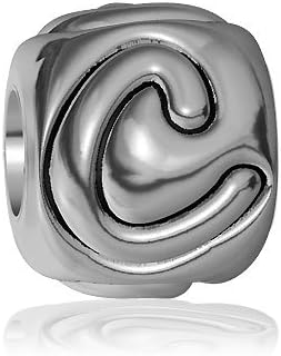 C - Bead, Single Alphabet Initial Letter for Name Bracelet, Capital, Uppercase C Charm Bracelet Bead, Embossed, Complete Alphabet and Numbers Available, Solid Sterling Silver