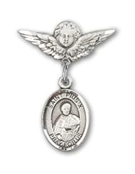 Sterling Silver Baby Badge with St. Pius X Charm and Angel with Wings Badge Pin
