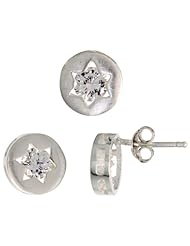 Sterling Silver Jewish Star of David Stud Earrings (9mm) & Pendant Slide (9mm) Set, w/ Brilliant Cut CZ Stones