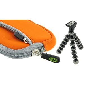 Neoprene Sleeve Case (Orange) and Premium Tripod for Olympus FE-26 Digital Camera Blue