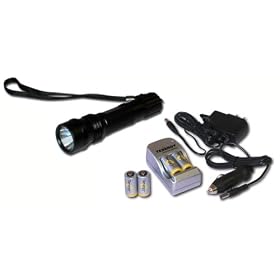Click here to buy 10W Luxeon K2 LED TL10008 Flashlight with 4 RCR123A 750mAh Rechargeable Li-Ion batteries and Smart... by Tenergy.