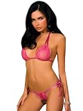 Sexy Pink Sheer Lace Tie Up Bra with Matching Thong 2 Piece Set
