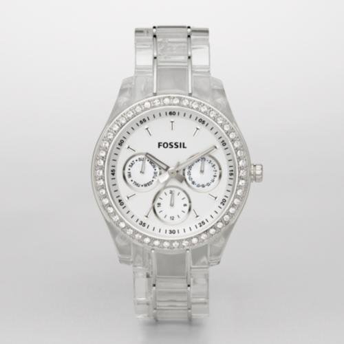 Fossil Women's ES2364 Clear Resin Bracelet White Glitz Analog Dial Multifunction Watch