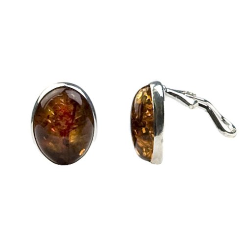 Sterling Silver Honey Amber Oval Clip-On Earrings