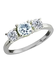 0.99 Ct Round Sky Blue Aquamarine G/H Diamond 18K White Gold Ring