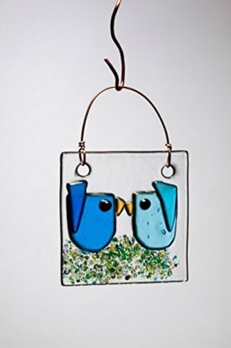 Handmade Suncatcher Aqua & Blue Kissing Birds Fused Glass