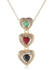 Goldtone Finish Silver Diamond Accent Muti Gemstone Triple Heart Pendant Necklace, 18"