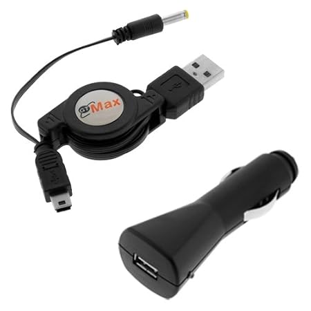 GTMax Black USB 2in1 Retractable Data Cable + Black USB Car Charger Vehicle Power Adapter for Sony PSP 3000