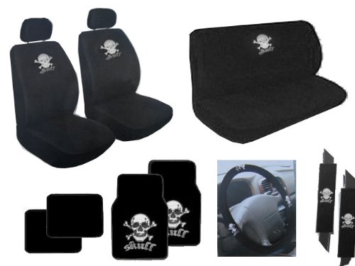 13 Piece Auto Interior Gift Set - 2 White Skull and Cross Bone Front Low Back Bucket Seat Covers, 2 White Skull and Cross Bone Head Rest Covers, 1 White Skull and Cross Bone bench seat Cover, 1 White Skull and Cross Bone Steering Wheel Cover, 2 White Skull and Cross Bone Shoulder Harness Pressure Relief Cover, 2 White Skull and Cross Bone Front Floor Mats, and 2 Plain Black Rear Floor Mats