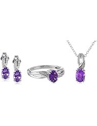 Sterling Silver Oval Amethyst and Diamond Ring, Pendant Necklace, Earrings Box Set, Size 7