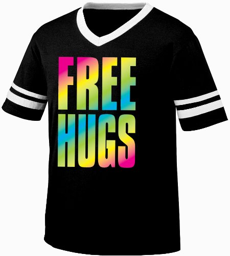 Oversized Rainbow Free Hugs Mens Ringer T-shirt, Big and Bold Neon Free Hugs Men’s Ringer Shirt,  Black/White