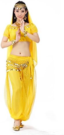 5pcs Yellow Gauzy Belly Dance Performance Point Lanterns Suits For Women