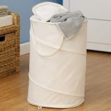 Household Essentials 2024 Pop Up Canvas Clothing Hamper, Zippered Top, Natural Color