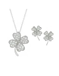 Bling Jewelry 925 Silver CZ Pave Clover Pendant Necklace and Earrings Set