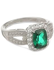 Sterling Silver Cushion Created Emerald with Created White Sapphire Diamond Ring, Size 7