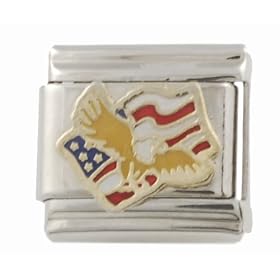 SilverBin Enamel Paint Patriotic Eagle American Flag Stainless Steel Italian Charm Link by American Eagle