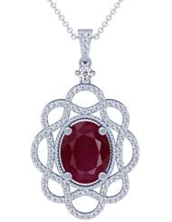 14K White Gold Oval Cut Ruby And Round Diamond Pendant