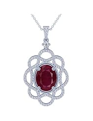 18K White Gold Oval Cut Ruby And Round Diamond Pendant