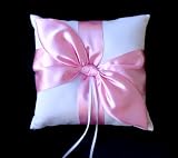 New Pink Satin Bow Wedding Bridal White ring pillow bearer
