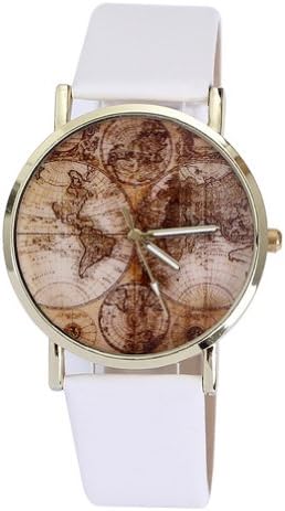 Vogue Elegant World Map Pattern Bracelet Wrist Watches Women Casual PU Leather White