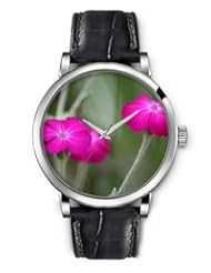 SPRAWL Aanalog Fashion Series Silver Ladies Watches of Genuine Black Leather Strap,Unique Wrist Watch for Women Girls Designed with pink flower
