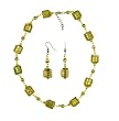 Necklace - Earrings Set - N496 - Murano & Glass Beads + Matching Earrings ~ Green Gold and Olive Squares