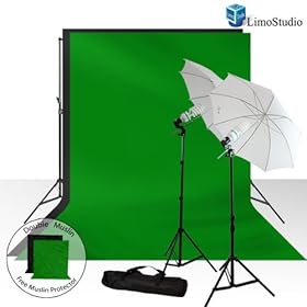LimoStudio 800-840W Photography Muslin Background Umbrella Reflector Lighting Light Kit + 10' x 10' ft. DOUBLE Black Muslin and Protector, 10' x 10'ft. DOUBLE Green Chroma Key Muslin Backdrop and Protector, Portrait Studio Umbrella Continuous Lighting Kit, AGG245