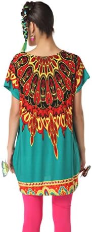 Polarfox Womens Bead Peacock Tail Patterned Print Top Shirt Dresses Large Blue