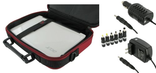 rooCase 3n1 Combo - Acer Aspire One AO751H-1401 11.6-Inch Netbook Carrying Bag Case with 12v Car and AC Adapter Wall Charger - Red / Black Classic Series