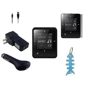 HappyZone - Black Silicone Skin Case Cover with Screen Protector + Charging Combo Kit and Fishbone Style Keychain for Creative Zen Style M100 / M300 MP3 Player