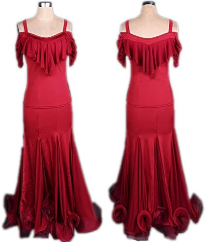 FERE8890 Women's Dancewear Competition Dancing Latin Practice Party Long Floor Suit Sleeveless Dress Dark Red XL