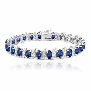 Sterling Silver 15ct Created Sapphire & Diamond Accent S and Oval Link Bracelet