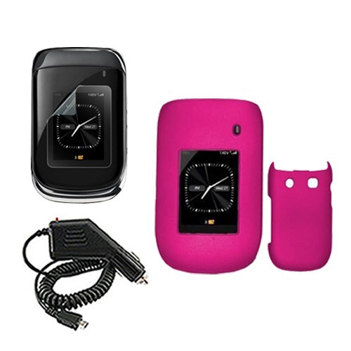 iNcido Brand Blackberry Style 9670 Combo Rapid Car Charger + LCD Screen Protector + Rubber Feel Rose Pink Protective Case Faceplate Cover for Blackberry Style 9670