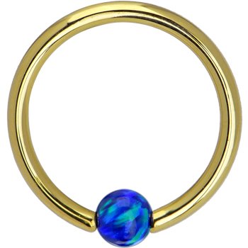 Solid 14KT Yellow Gold Dark Blue Synthetic Opal Captive Ring - 14 Gauge 3/8"