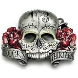 Lucky 13 Split Skull Belt Buckle Hidden Lighter Roses
