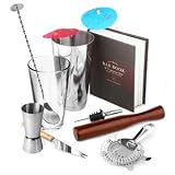 Cocktail Starter Pack | Cocktail Set with Professional Boston Cocktail Shaker, Ultimate Bar Book, Muddler, Hawthorne Cocktail Strainer, Bar Knife, Twisted Mixing Spoon, Stainless Steel Pourer, 24 x Paper Cocktail Umbrellas & Jigger Measure