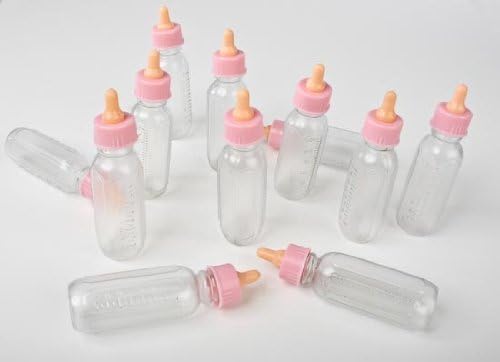 Plastic Mini Baby Bottles with Pink Cap for Decorations 36pcs, 3.5"