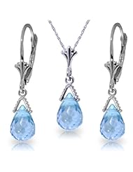 14k Solid Gold Jewelry Set: Natural Briolette Blue Topaz Pendant Necklace and Dangle Earrings