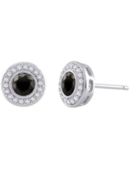 Center Black and White Diamond Halo Earrings in 14K White Gold (1 cttw)