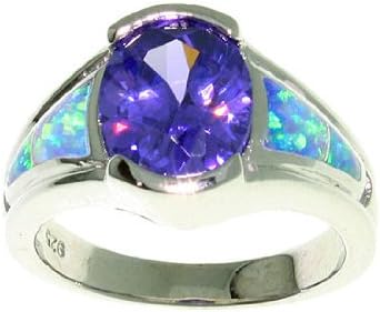 Jewelry Trends Sterling Silver Created Blue Opal and Purple Cubic Zirconia Oval Ring
