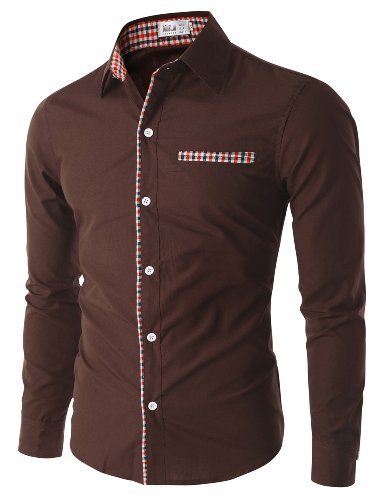 Doublju Men Trendy Checkd Pattern 3/4 Sleeve Dress Shirt BROWN,XS