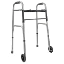 Duro-Med 2-Button Adjustable Aluminum Folding Walker with 5 Inch Wheels, Silver