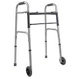 Duro-Med 2-Button Adjustable Aluminum Folding Walker with 5 Inch Wheels, Silver