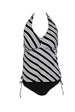 Womens Plus Size Marina West Tankini Swimsuit, Halter, Bikini, Black White Stripe