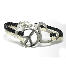 Silver Leather Peace Heart Braided Bracelet Fashion Jewelry Black White