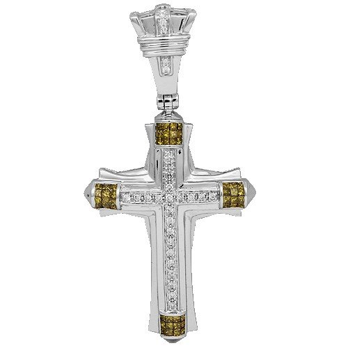 14K White Gold Mens Diamond Cross Pendant with Yellow Diamonds 1.83 Ctw