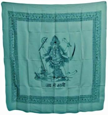 Indian Hindu Goddess Maha Kali Cotton Altar Cloth (40"x 40") (Turquoise)