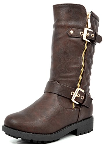 DREAM PAIRS KNICE Girls Fashion Dual Buckle/Zipper Quilted Mid Calf Faux Fur Lining Winter Motorcycle Riding Boots